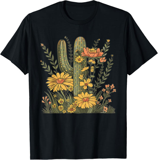Saguaro Cactus Art Nature Flowers Cottagecore T-Shirt - T-Shirt | Black