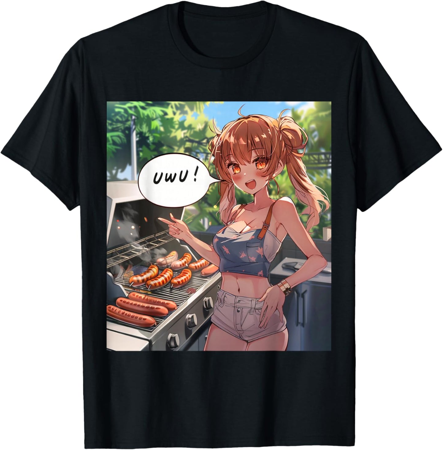 UwU Grill Party Anime Front Print T-Shirt - T-Shirt | Black