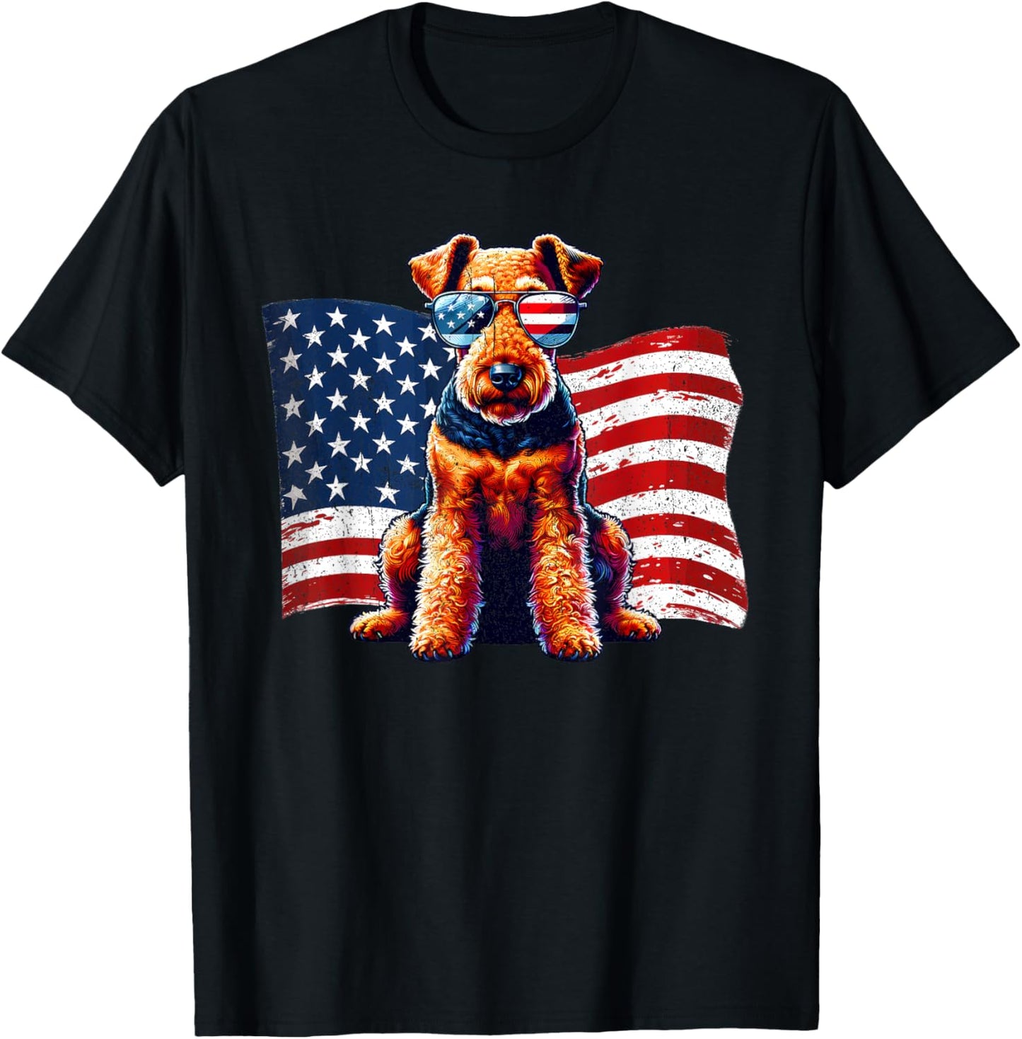Vintage Airedale Terrier American Flag Sunglasses Patriotic T-Shirt - T-Shirt | Black