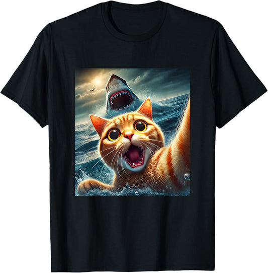 Cat Selfie With Shark Funny T-Shirt - T-Shirt | Black