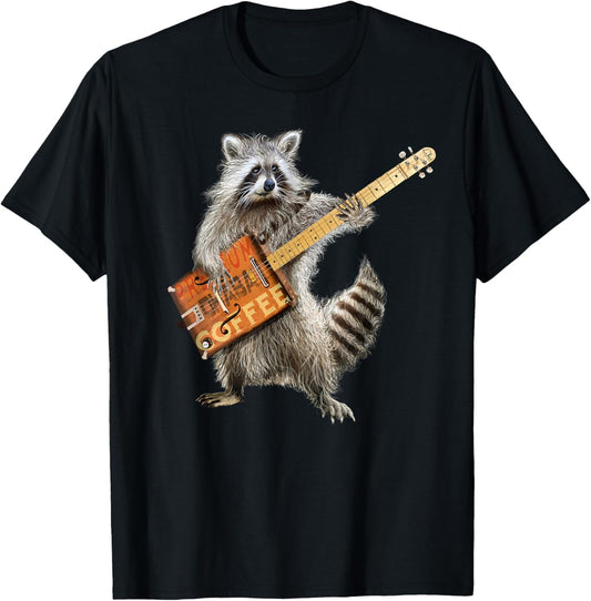 Raccoon Cute Funny Coffee Guitar Player Guitarist Animal Art T-Shirt - T-Shirt | Black