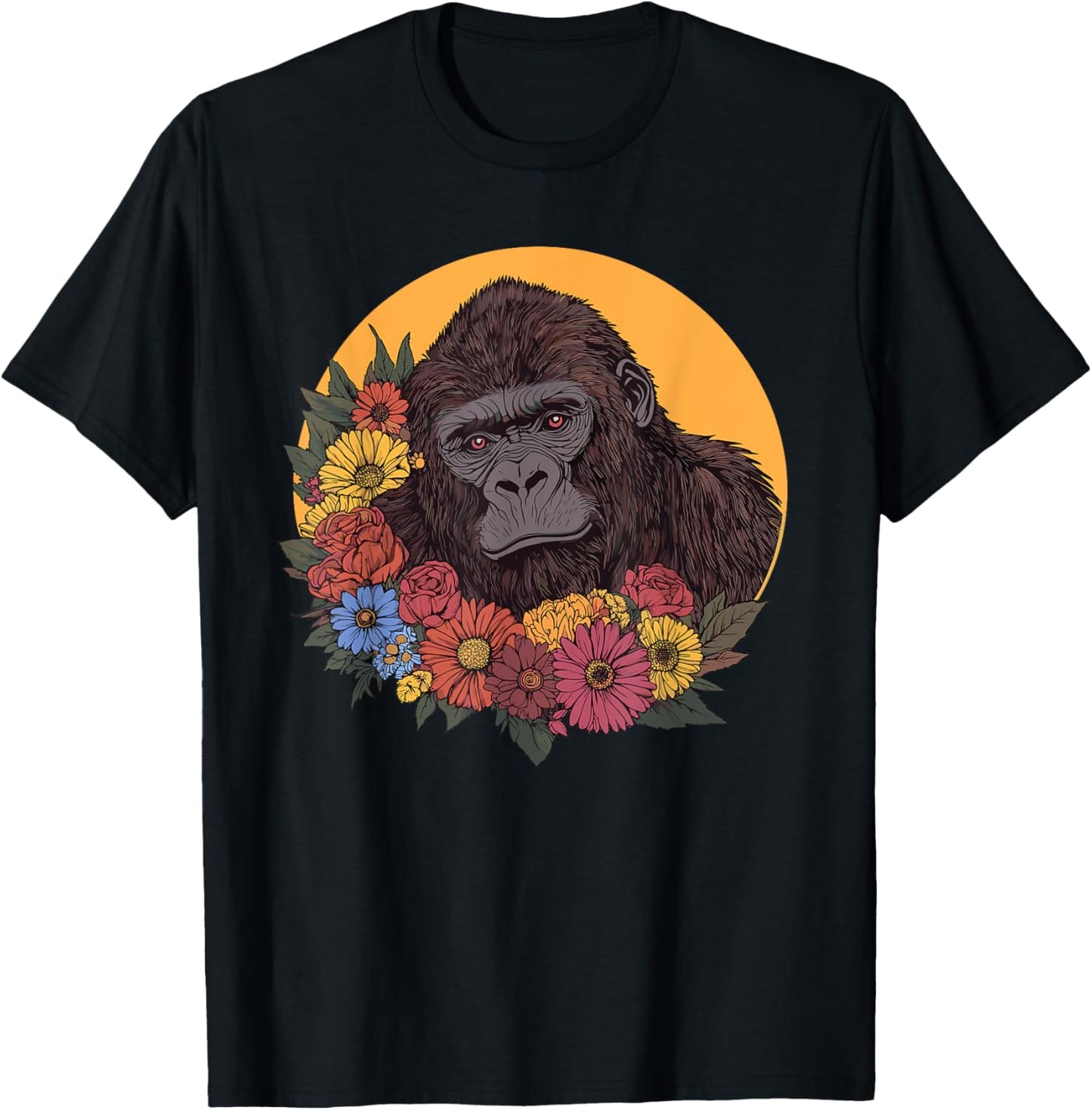 Gorilla With Flowers Illustration T-Shirt - T-Shirt | Black