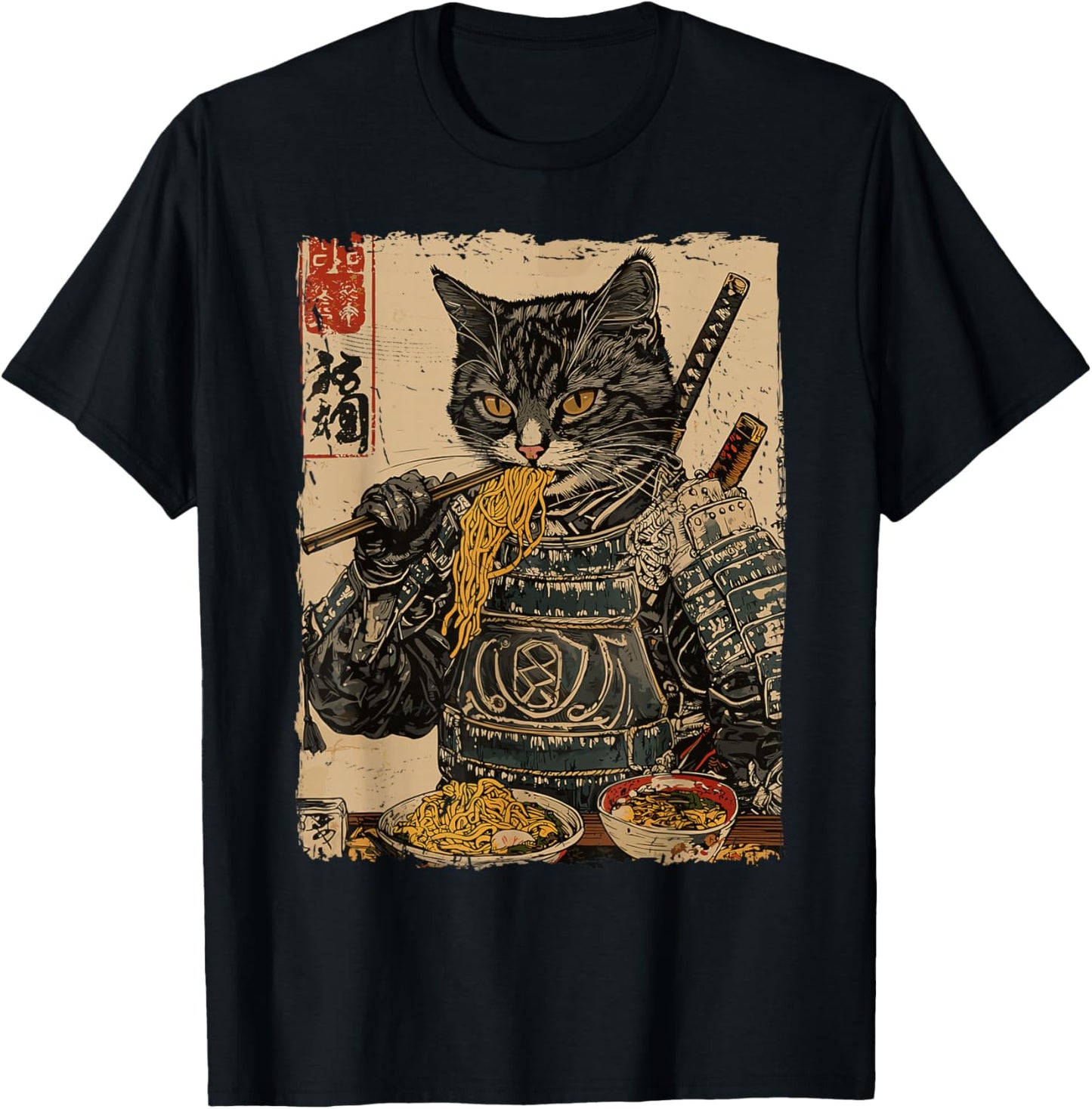 Samurai Cat Loves Ramen Funny Anime Japanese Artwork Samurai T-Shirt - T-Shirt | Black