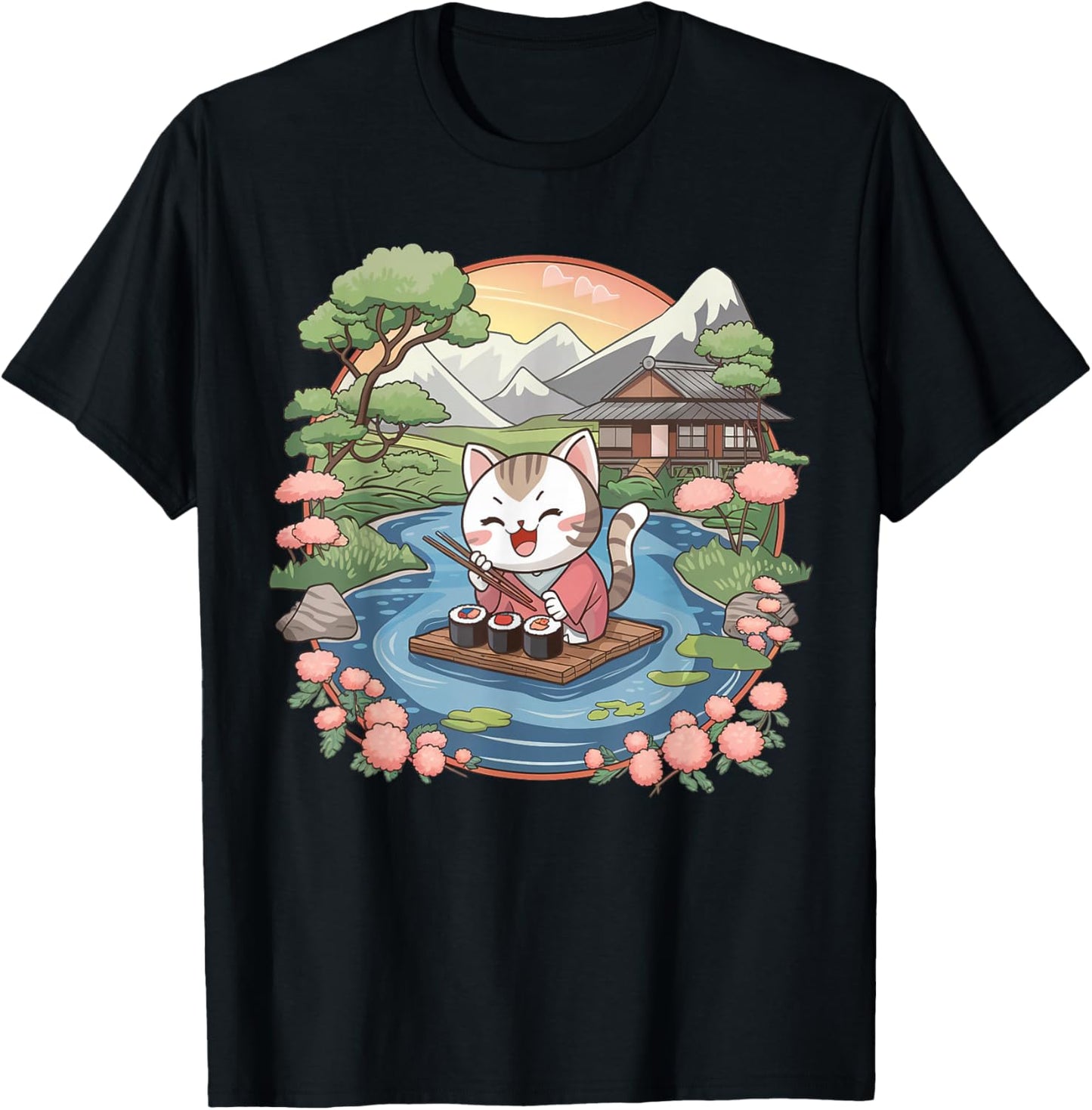 Kawaii Japanese Cat Owner Sushi Lover Anime Otaku T-Shirt - T-Shirt | Black