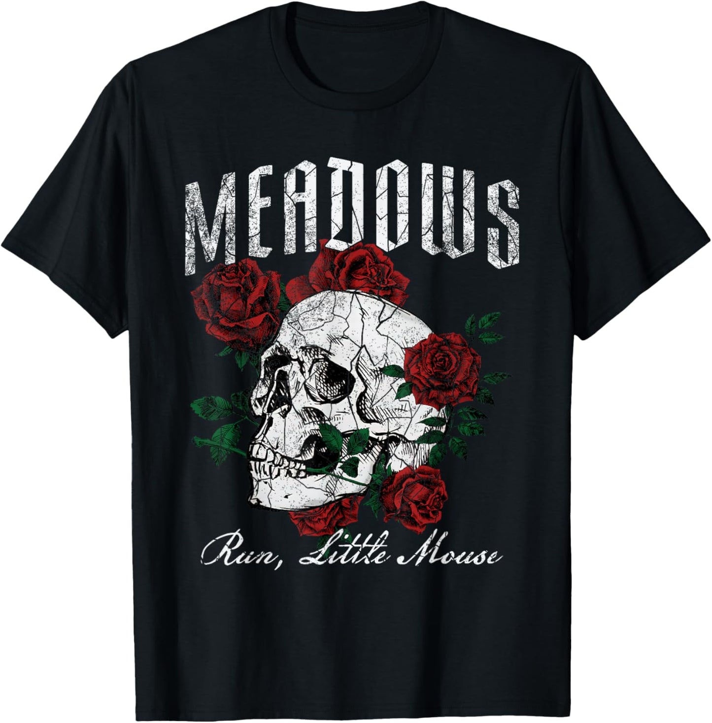 Retro Meadows Run Little Mouse Funny Skeleton Rose Bookish T-Shirt - T-Shirt | Black