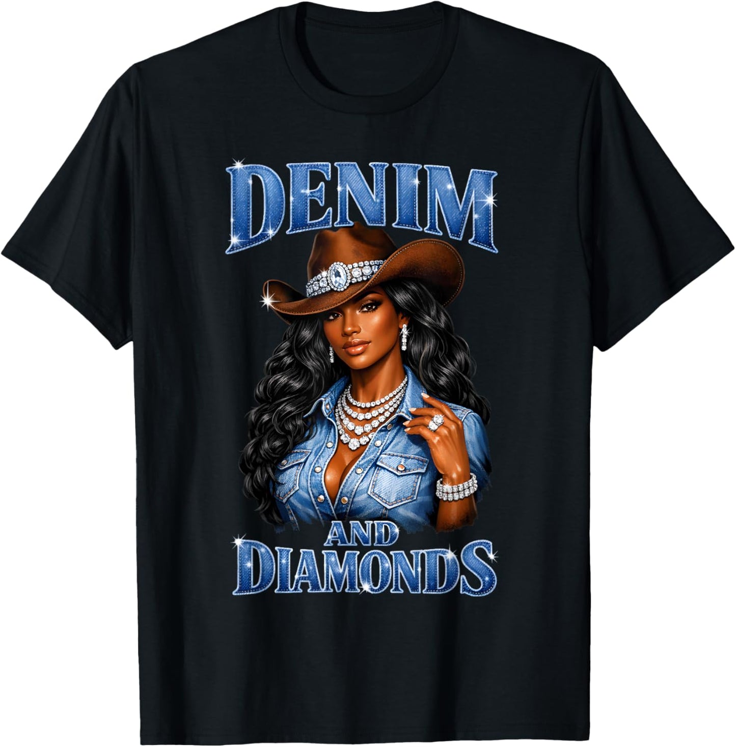 Denim and Diamonds African Melanin Cowgirls Western T-Shirt - T-Shirt | Black