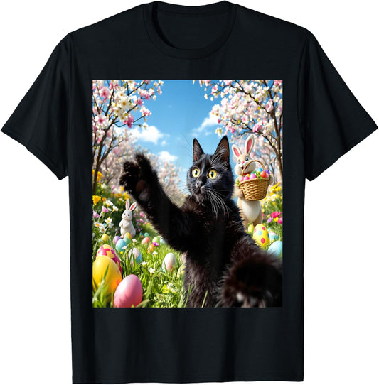 Funny Black Cat Selfie Easter Cute Bunny T-Shirt - T-Shirt | Black