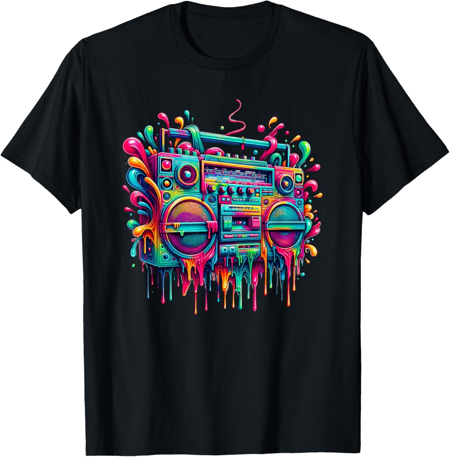 Dripping Paint Boombox Old School 80s Music Hip Hop T-Shirt - T-Shirt | Black