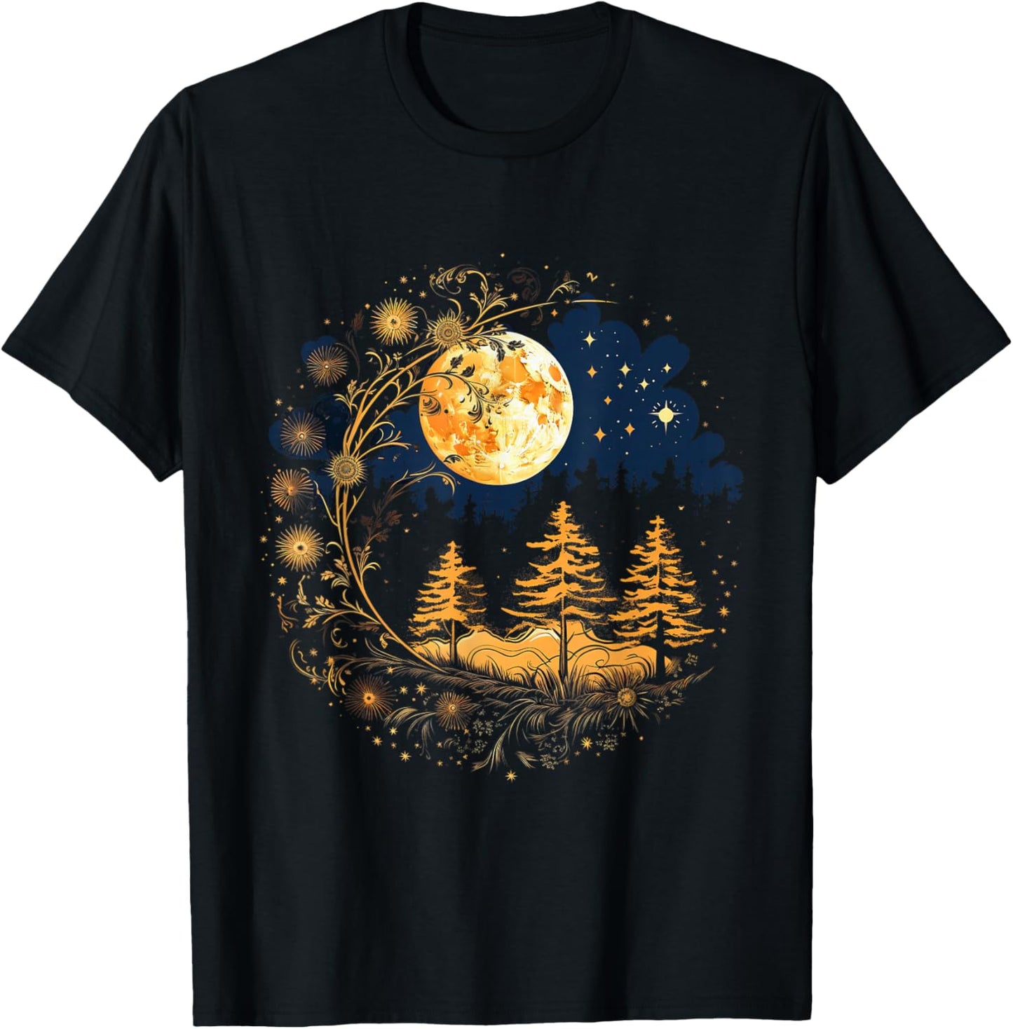 Mystical Sun and Moon with Woman Mystical Flowers Aesthetic T-Shirt - T-Shirt | Black