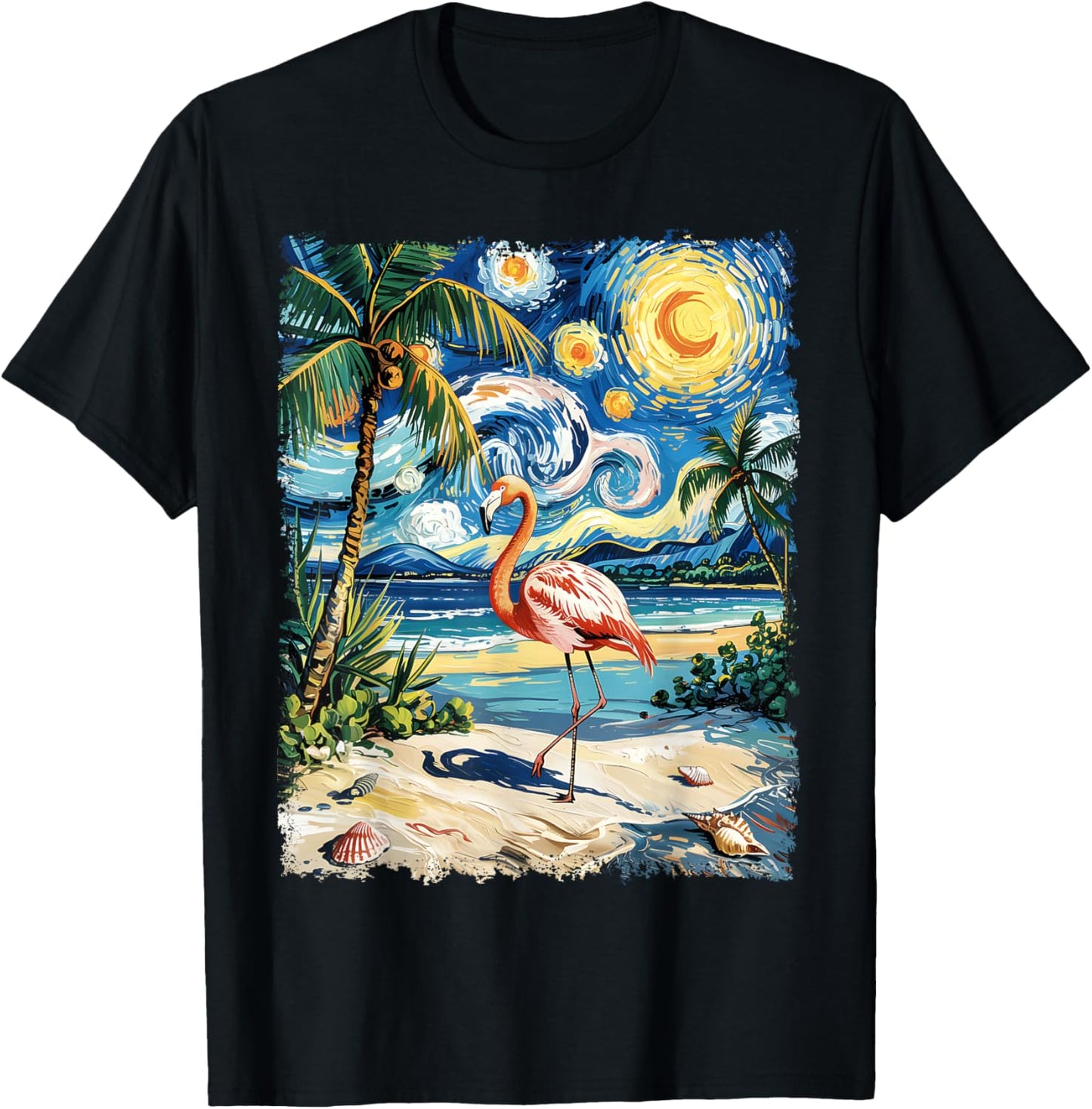 Vintage Flamingo Starry Night Summer Vacation Beach Trip T-Shirt - T-Shirt | Black