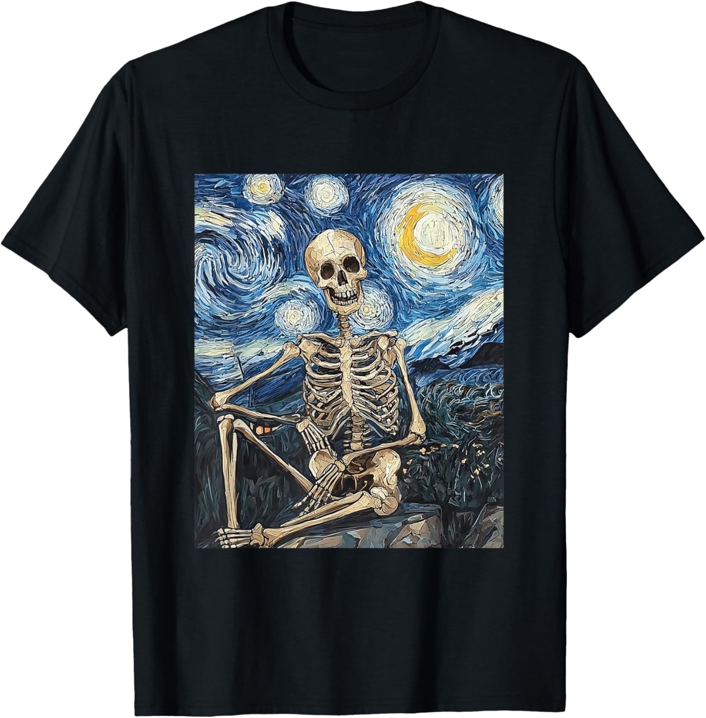 Skeleton Ghost Halloween - Van Gogh Style - Starry Night T-Shirt - T-Shirt | Black