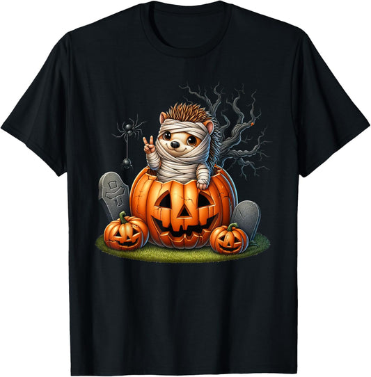 Funny Hedgehog Mummy Pumpkin Halloween Kids T-Shirt - T-Shirt | Black