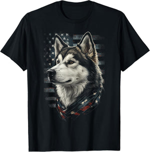 Alaskan Malamute Dog American Flag Patriotic Vintage USA T-Shirt - T-Shirt | Black