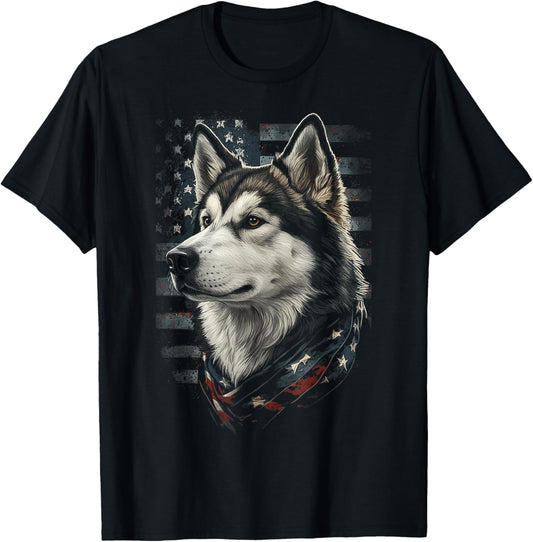 Alaskan Malamute Dog American Flag Patriotic Vintage USA T-Shirt - T-Shirt | Black