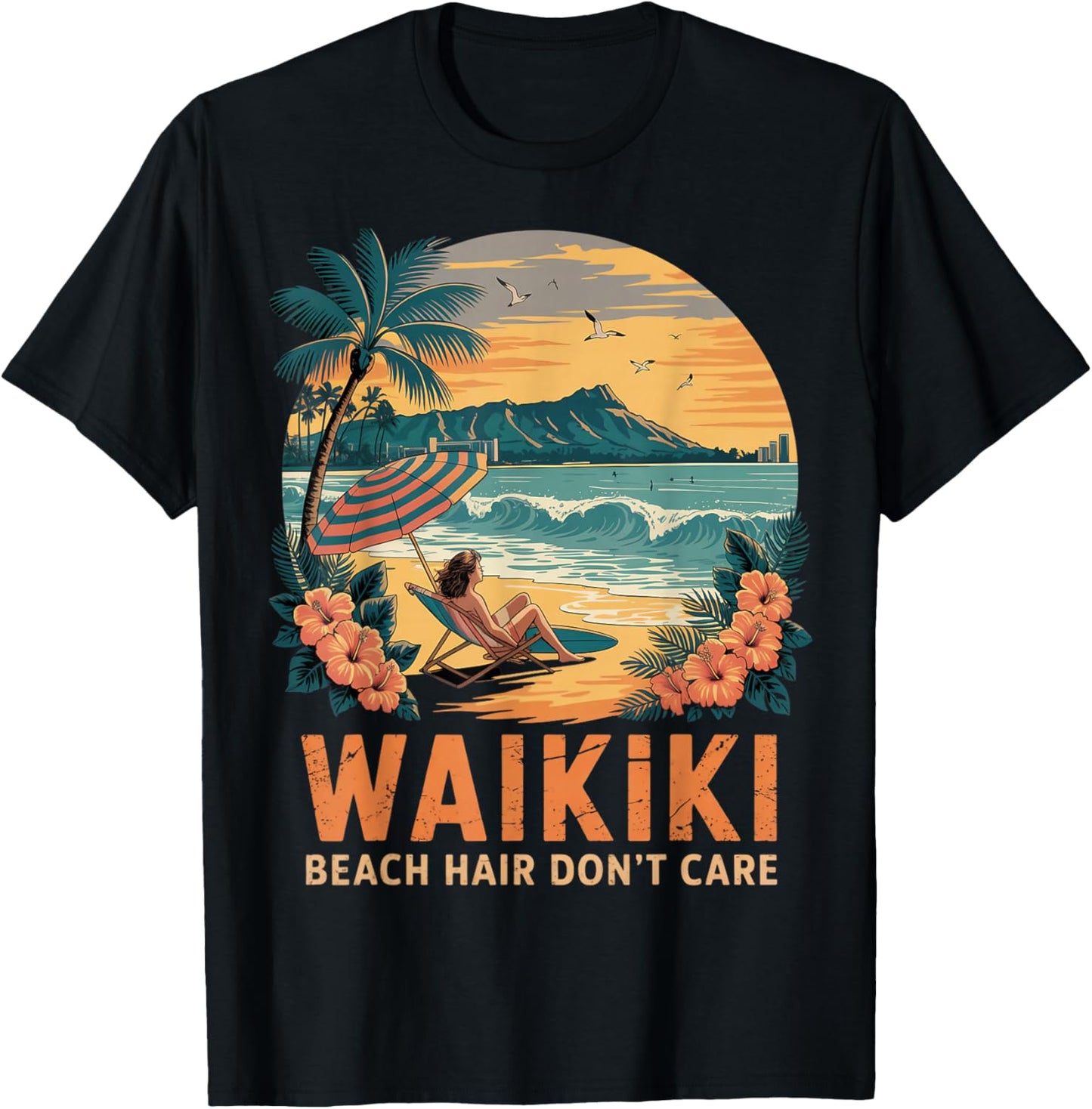 Beach Hair Tropical Waikiki Honolulu Hawaii Island Waikiki T-Shirt - T-Shirt | Black