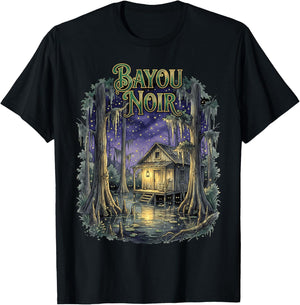 Bayou Noir Swamp Cabin Night Nature Scene Men Women Kids T-Shirt - T-Shirt | Black