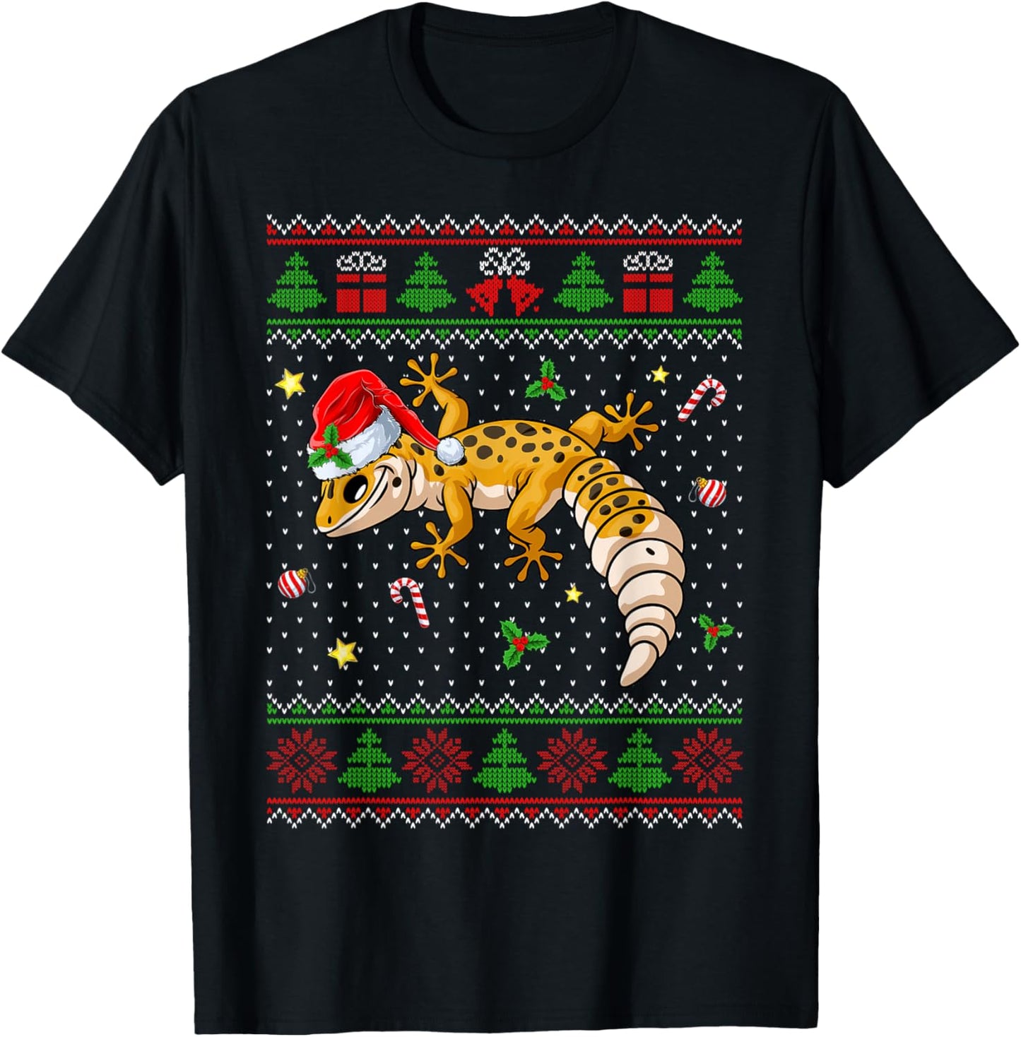 Cute Leopard Gecko Santa Hat Ugly Christmas Sweater Xmas PJS T-Shirt - T-Shirt | Black