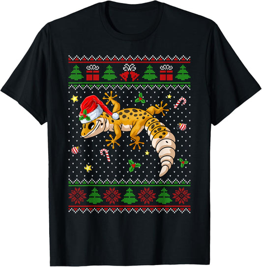 Cute Leopard Gecko Santa Hat Ugly Christmas Sweater Xmas PJS T-Shirt - T-Shirt | Black
