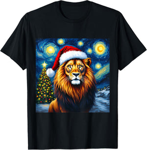 Christmas Lion Santa Hat Van Gogh Starry Night Holiday T-Shirt - T-Shirt | Black