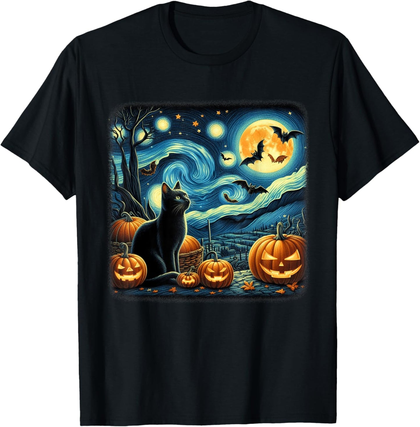 Van Gogh Cat Starry Night Black Cat Halloween Cat Lovers Men Women Kids T-Shirt - T-Shirt | Black