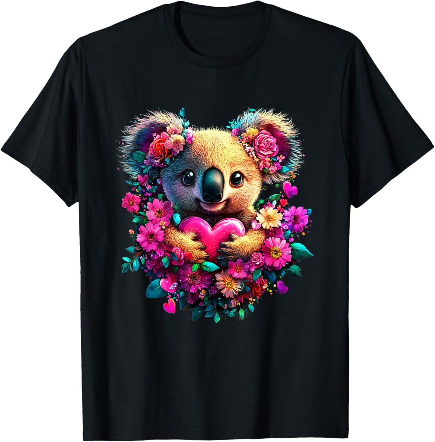 Koala Hearts and Flowers Graphic Valentines Day T-Shirt - T-Shirt | Black