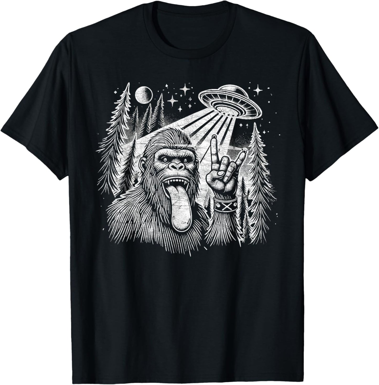 Sasquatch Selfie Big Foot Rock On UFO Alien Funny T-Shirt - T-Shirt | Black