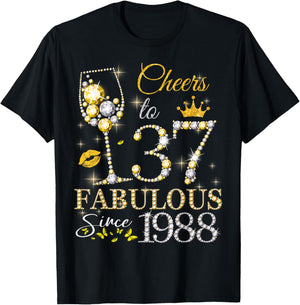 Cheers to 37 Years Old EST 1988 37th Birthday Queen T-Shirt - T-Shirt | Black