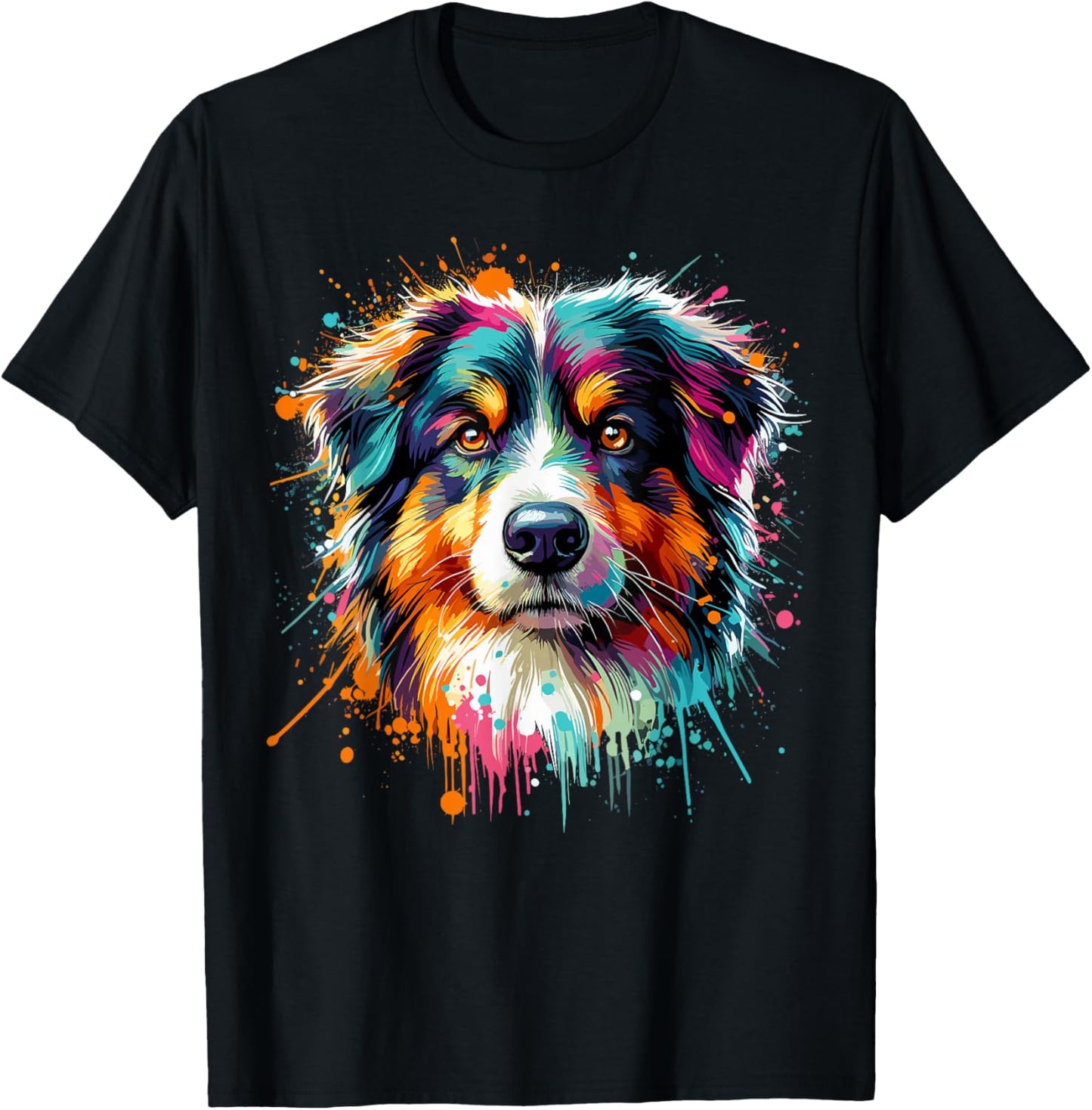 Aussie Splash Art Colorful Australian Shepherd T-Shirt - T-Shirt | Black