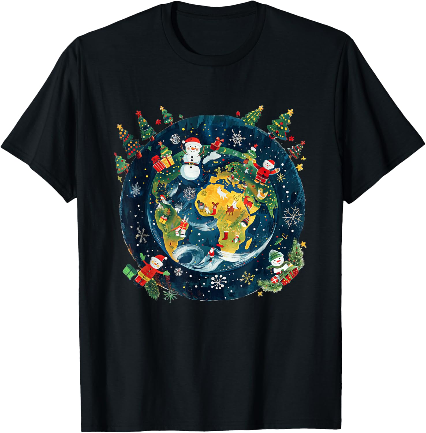 Global Xmas Celebration Apparel -Adults Christmas , Black, Small, Short Sleeve, Modern, Winter, Christmas Around the World Festive Winter Earth Design T-Shirt - T-Shirt | Black