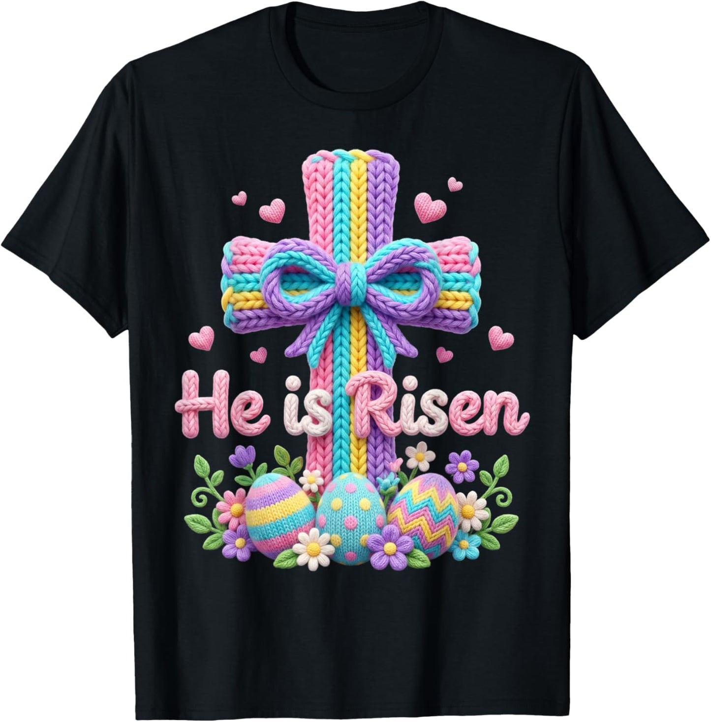 Easter Day He is Risen Christian Latch Hook Yarn Crochet T-Shirt - T-Shirt | Black