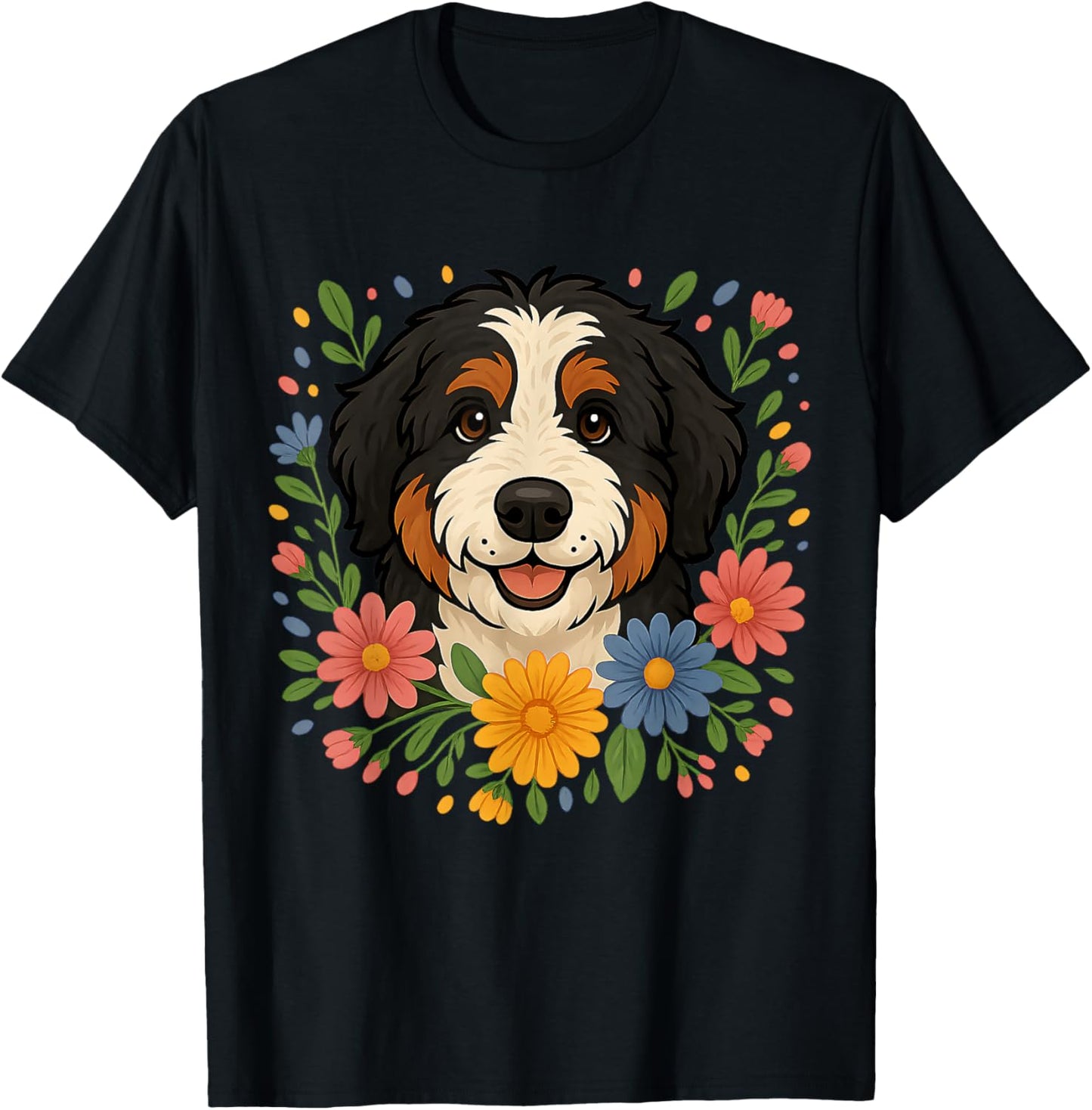 Floral Bernedoodle Colorful Spring Flowers Wildflowers T-Shirt - T-Shirt | Black