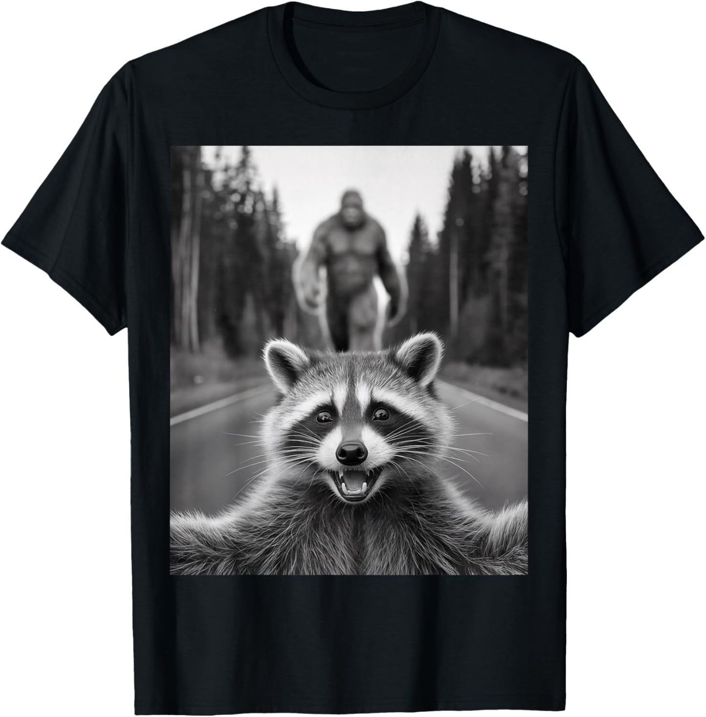 Scared Raccoon Selfie With Sasquatch Bigfoot , Funny Raccoon T-Shirt - T-Shirt | Black