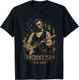 America's 250th Abraham Lincoln Playing Guitar Retro Vintage T-Shirt - T-Shirt | Black
