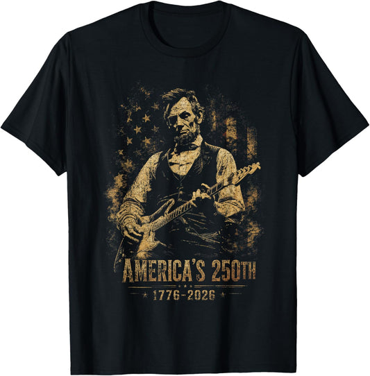 America's 250th Abraham Lincoln Playing Guitar Retro Vintage T-Shirt - T-Shirt | Black