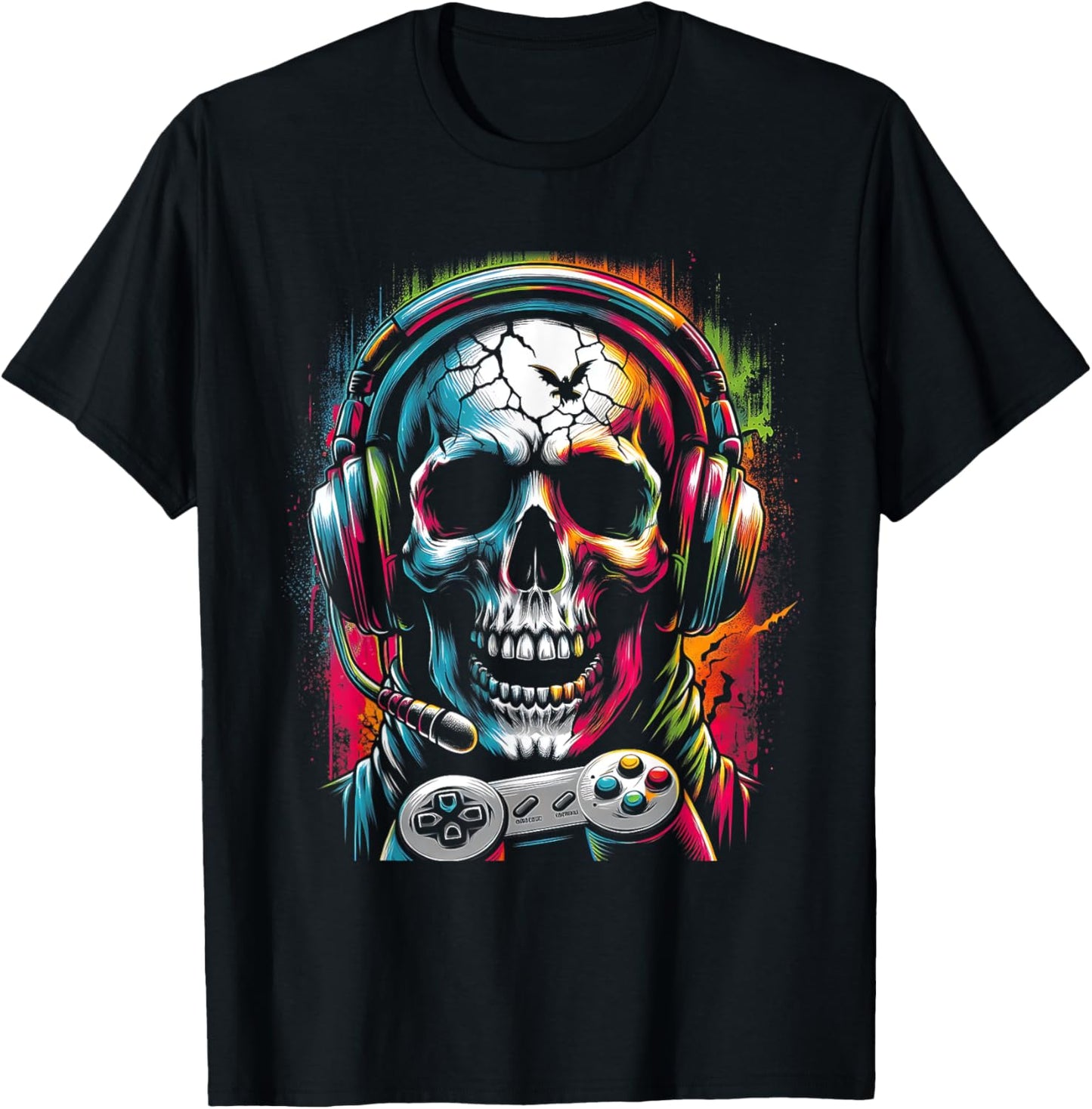 Totenkopf trägt Kopfhörer Grunge Gamer bunt Halloween T-Shirt - T-Shirt | Black