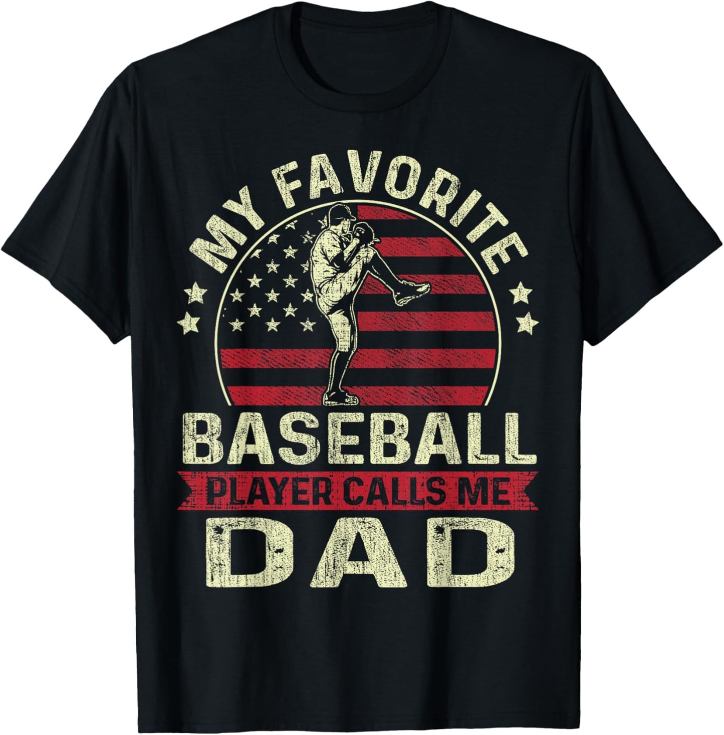 Father's Day My Favorite Player Calls Me Dad Pitcher US Flag T-Shirt - T-Shirt | Black