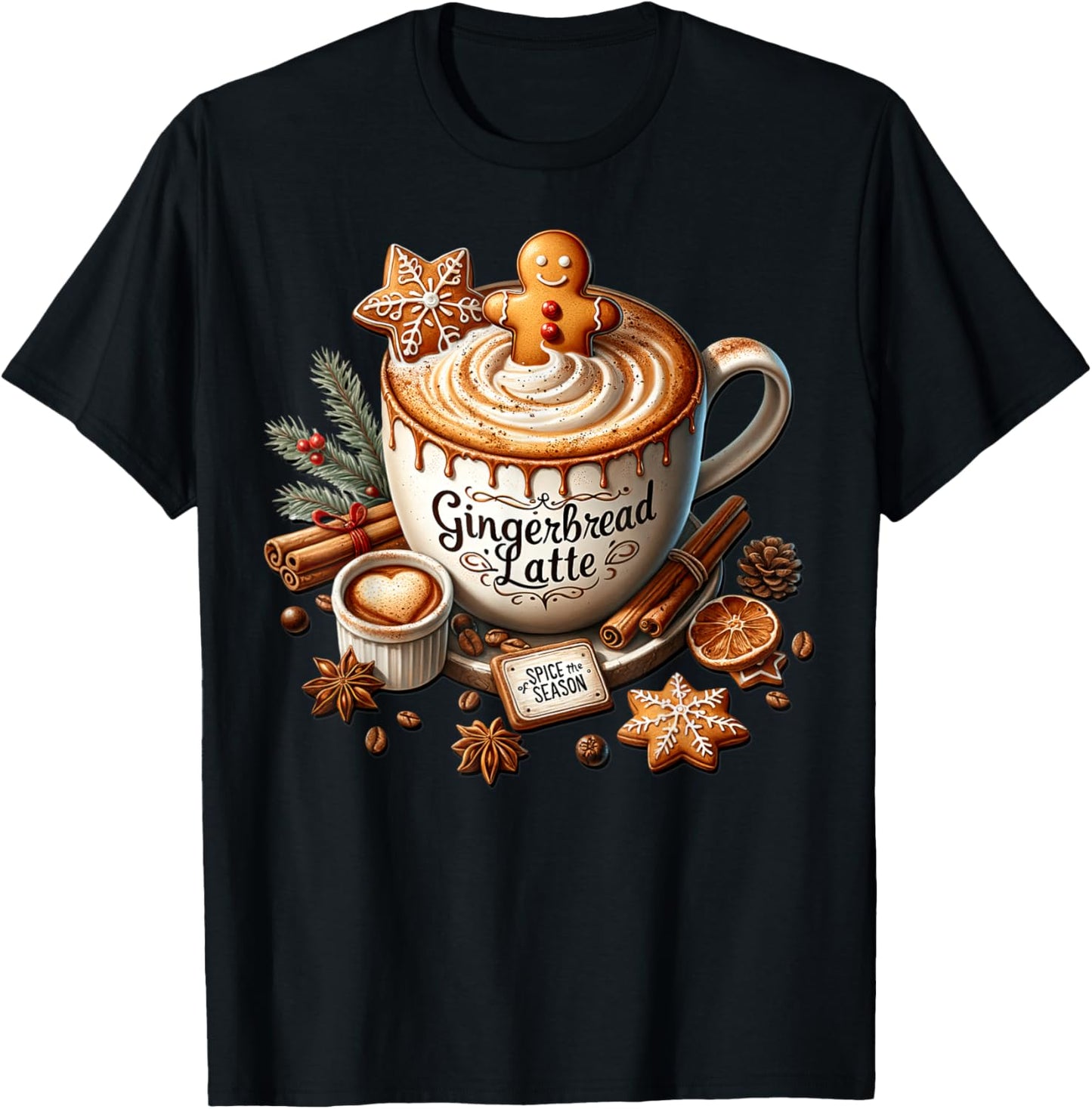 Gingerbread Latte Graphic Christmas Coffee Mug T-Shirt - T-Shirt | Black