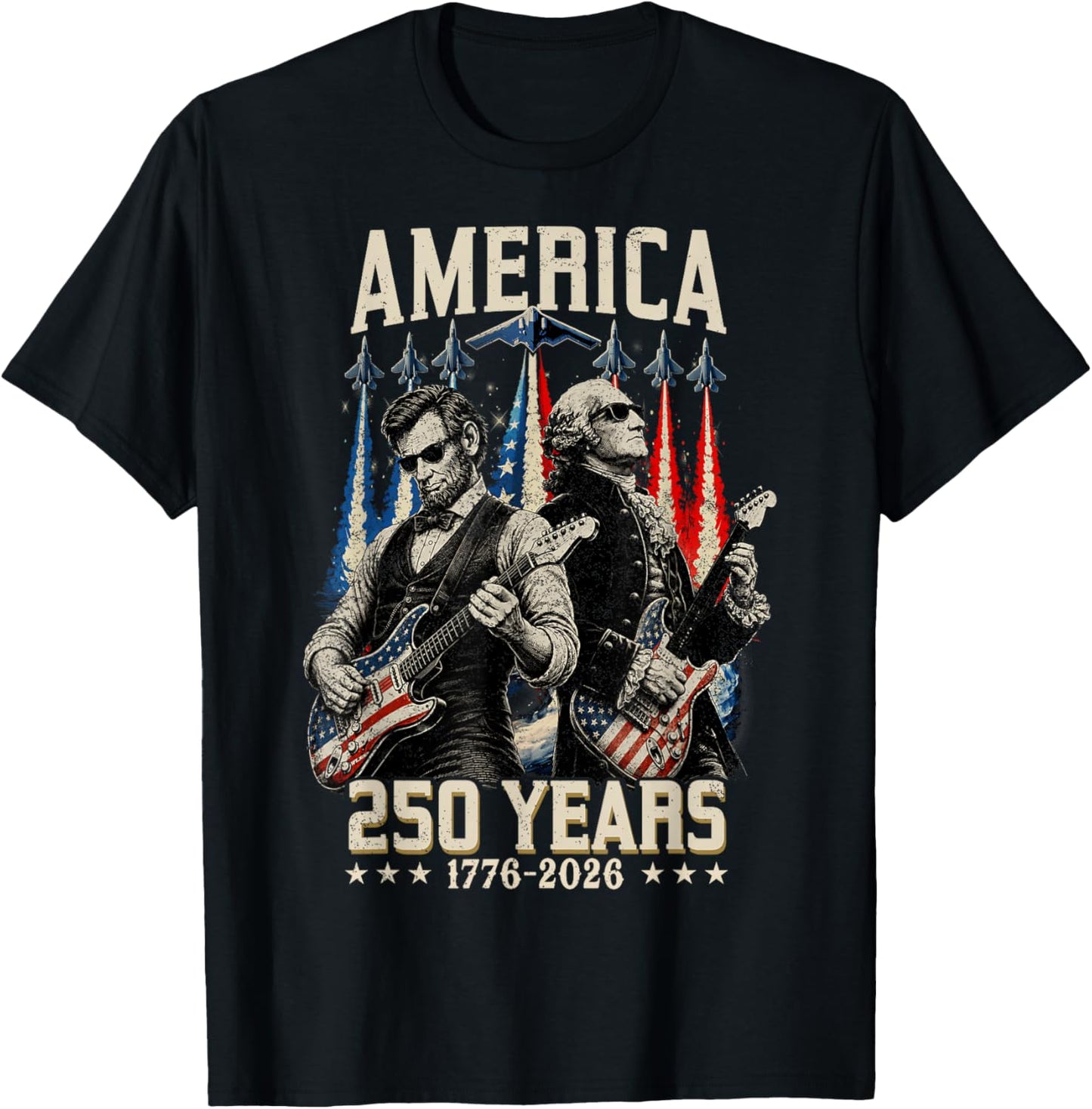 George Washington Abraham Lincoln Playing Guitar 250 Years T-Shirt - T-Shirt | Black