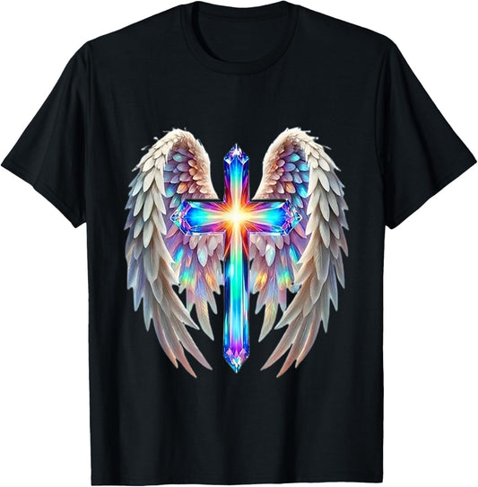 Christian Cross with Angle Wings T-Shirt - T-Shirt | Black