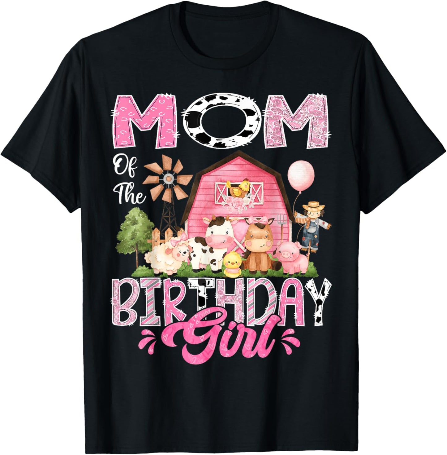 Mom Of The Birthday Girl Pink Farm Cow First Birthday T-Shirt - T-Shirt | Black