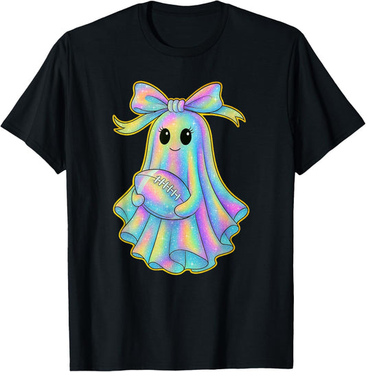 Cute Football Ghost Pastel Halloween Team Spirit Coquette T-Shirt - T-Shirt | Black