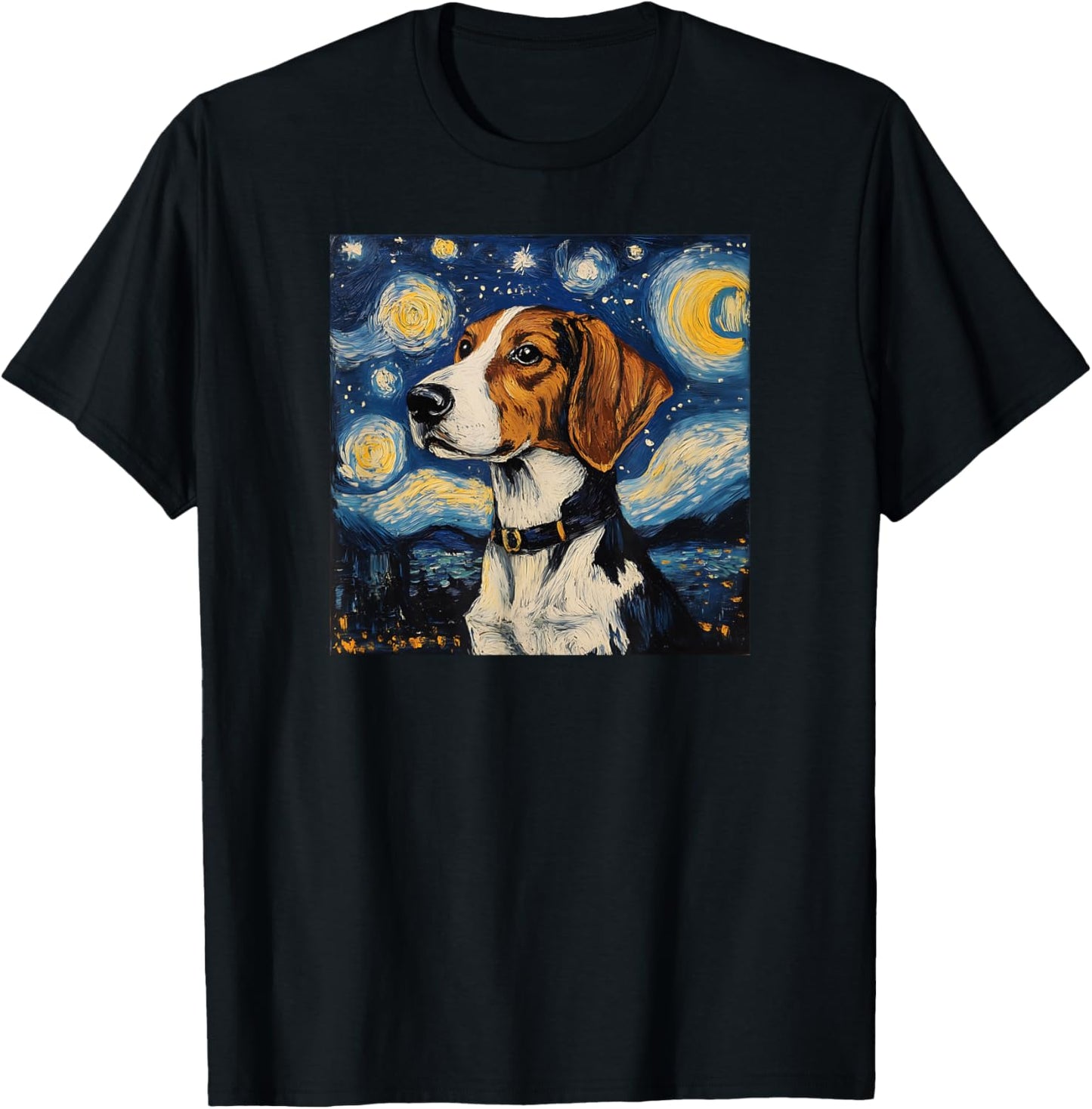 Cute American Foxhound Starry Night Dog Art T-Shirt - T-Shirt | Black