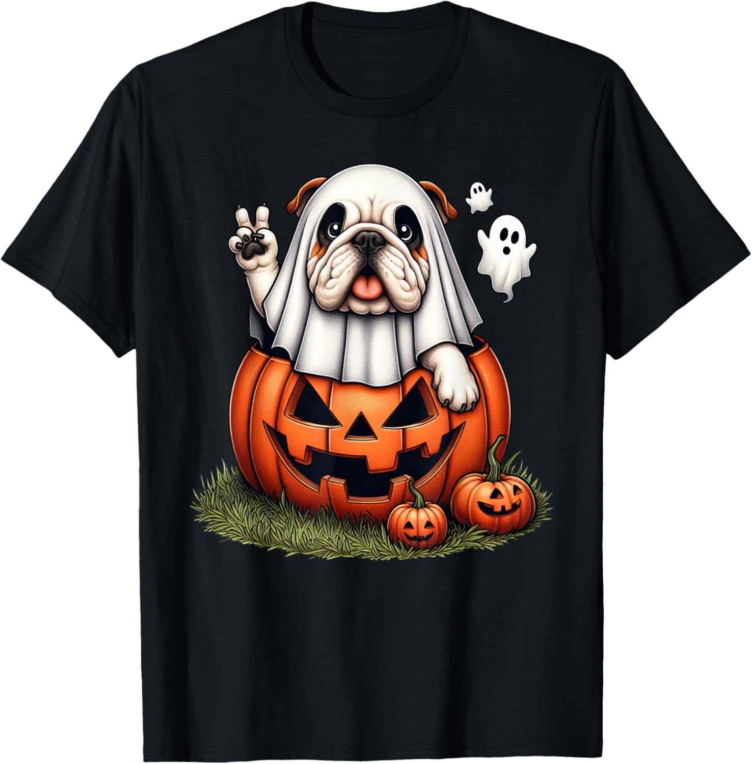 Funny English Bulldog Ghost Boo Halloween Kids T-Shirt - T-Shirt | Black