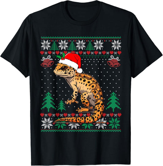 Ugly Christmas Pajama Sweater Leopard Gecko Animals Lover T-Shirt - T-Shirt | Black