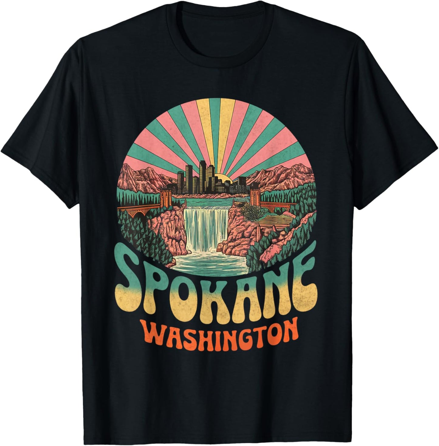 Vintage Spokane Washington Sunset Skyline Cityscape Retro T-Shirt - T-Shirt | Black