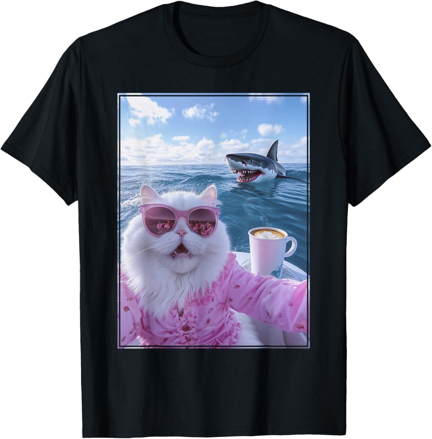 Meme Cat on Yacht Boat with Shark Behind T-Shirt - T-Shirt | Black