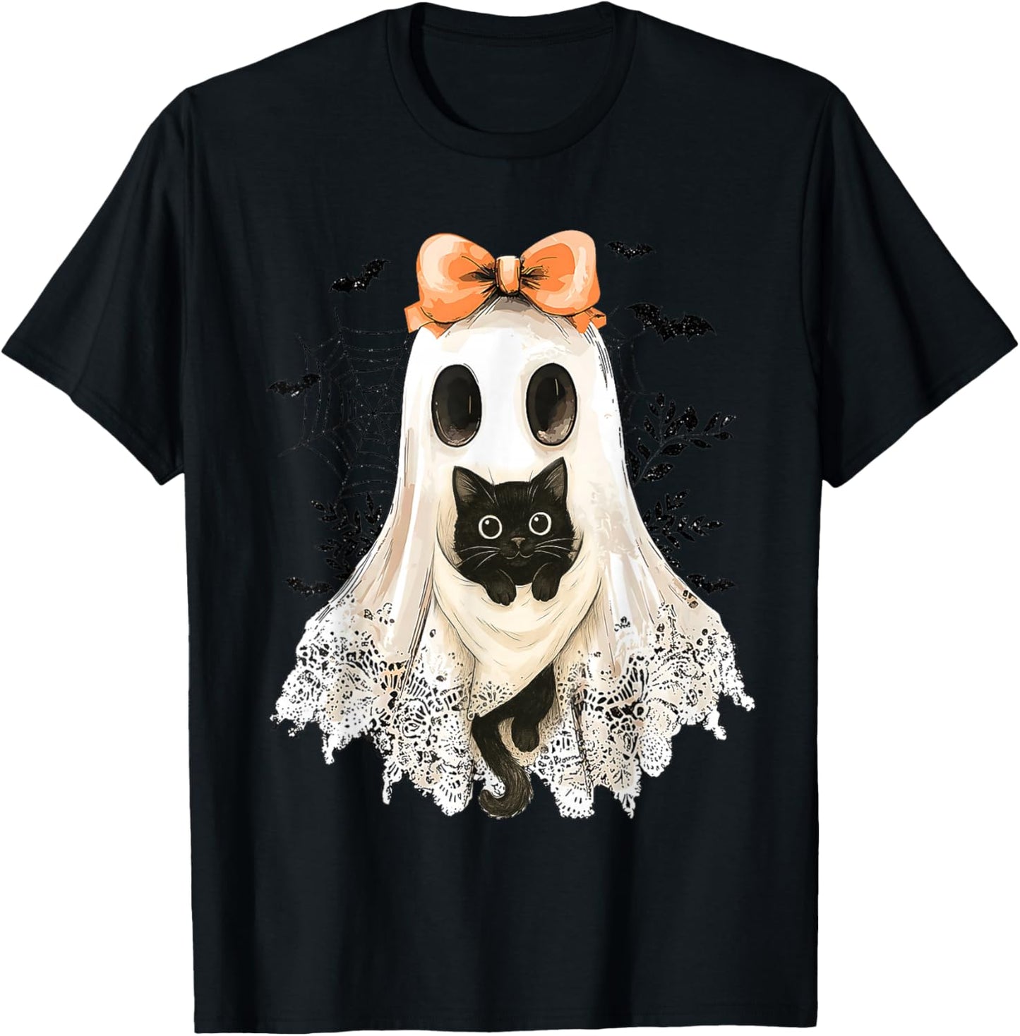 Retro Lace Ghost Coquette Black Cat Spooky Halloween Women T-Shirt - T-Shirt | Black
