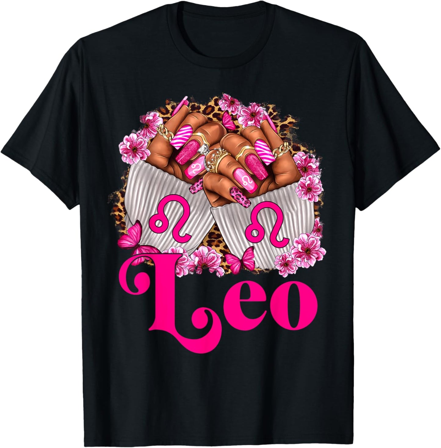 Black Women Floral Nails With Leopard Leo Queen T-Shirt - T-Shirt | Black