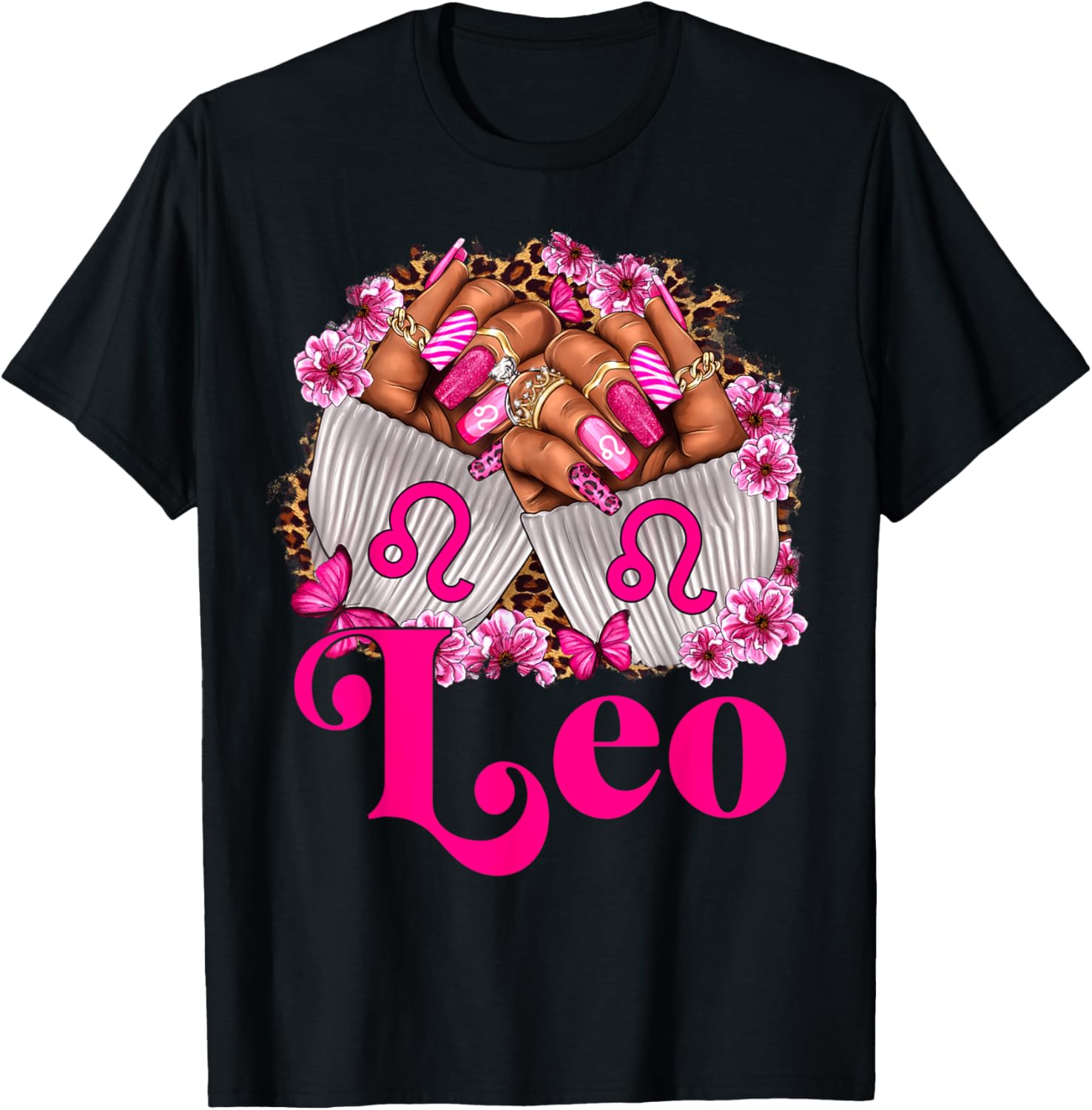 Black Women Floral Nails With Leopard Leo Queen T-Shirt - T-Shirt | Black