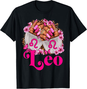Black Women Floral Nails With Leopard Leo Queen T-Shirt - T-Shirt | Black